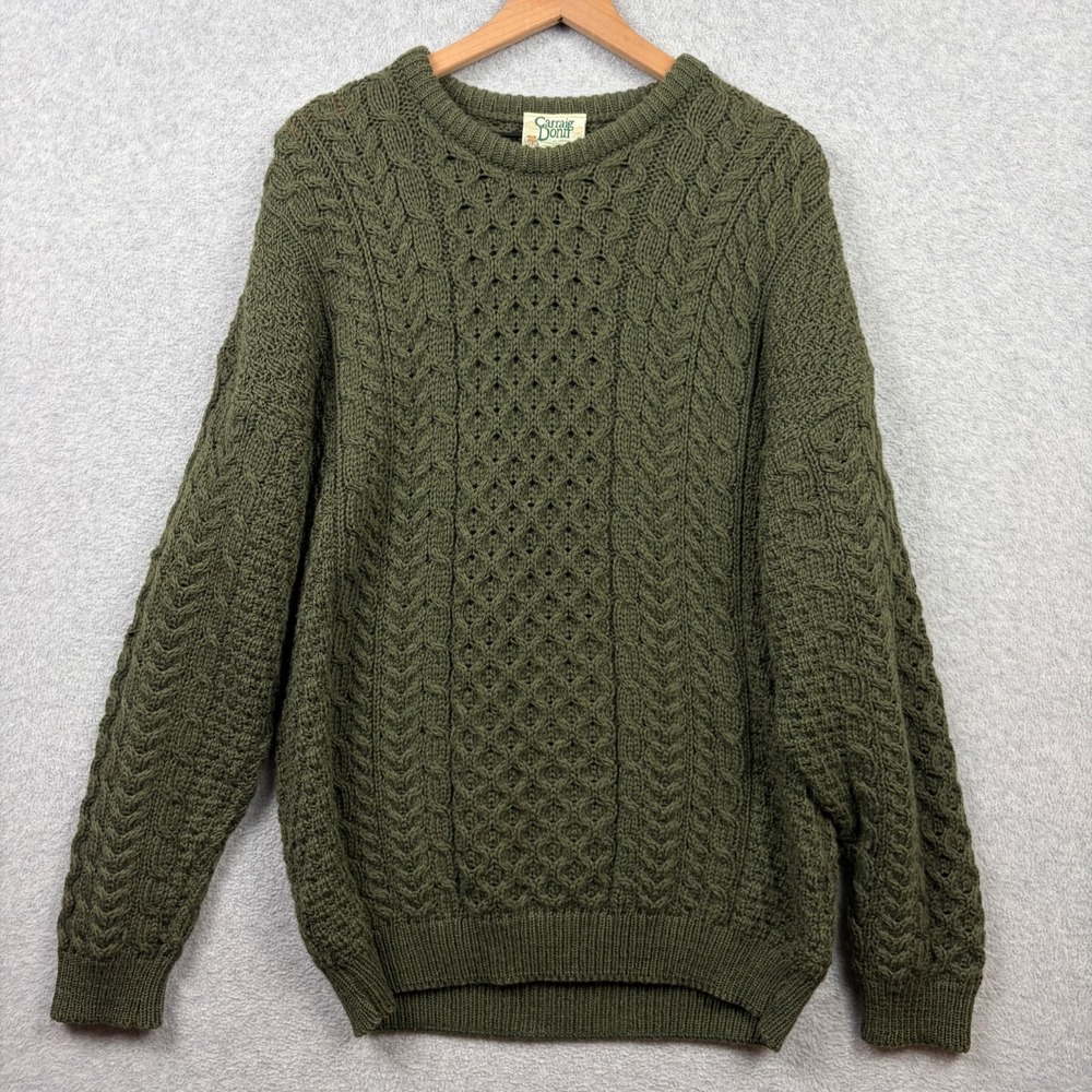 Carraig Donn Aran Sweater Mens Large Green Wool Cable Knit Fisherman Ireland